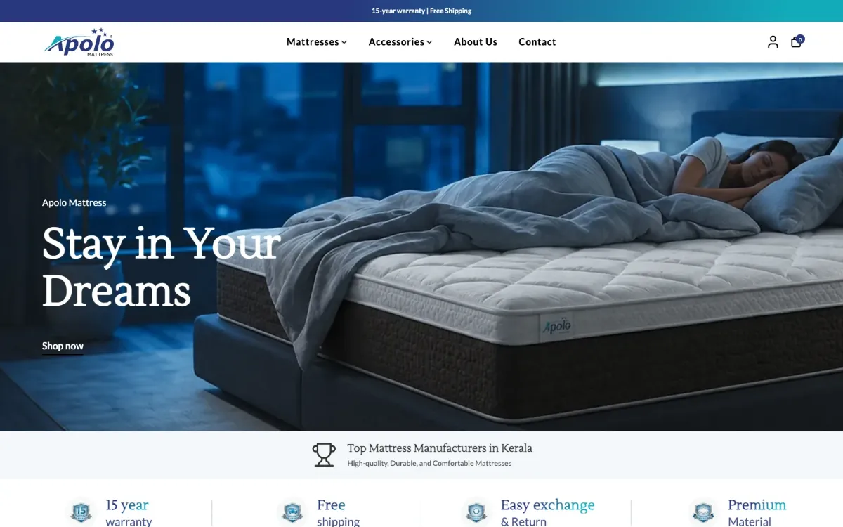 Apolo Mattress Shopify store homepage screenshot — ecommerce website project by Teknoppy, Kerala