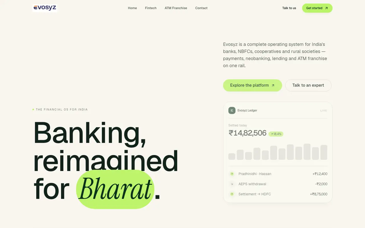 Evosyz fintech website homepage — evosyz.com