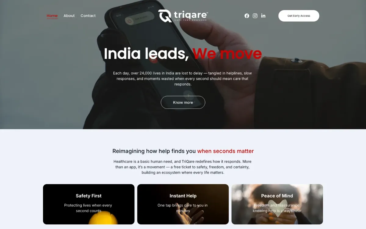 TriQare website homepage screenshot — healthtech web application design project by Teknoppy